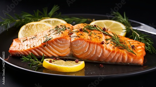 Grilled salmon with lemon on a plate isolated on black background
