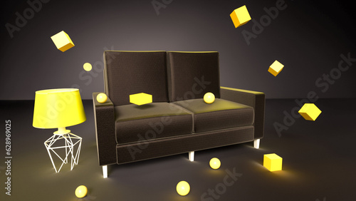 A living room with a couch and yellow glowing cubes and spheres hd wallpaper 3d illustration