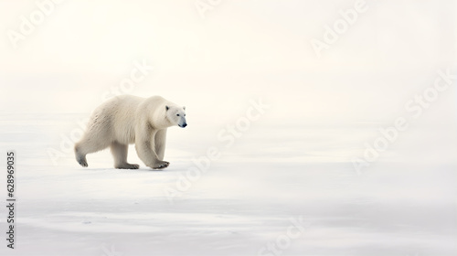 In the vast expanse of the Arctic tundra  a solitary Polar Bear traverses the icy terrain  its pure white fur blending seamlessly with the snow-covered landscape.