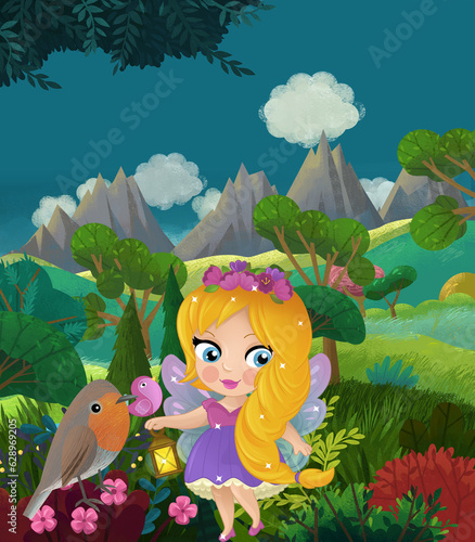 cartoon happy fairy tale scene with nature forest and funny elf