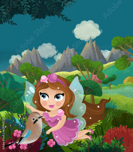 cartoon happy fairy tale scene with nature forest and funny elf