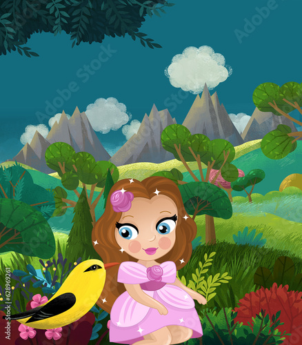 cartoon happy fairy tale scene with nature forest and funny elf