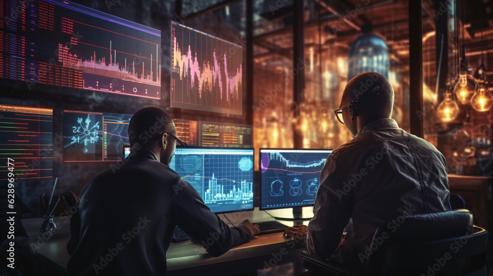Obraz premium Traders or analysts designing and testing algorithmic trading strategies using AI algorithms and machine learning techniques, highlighting the complexity and precision involved