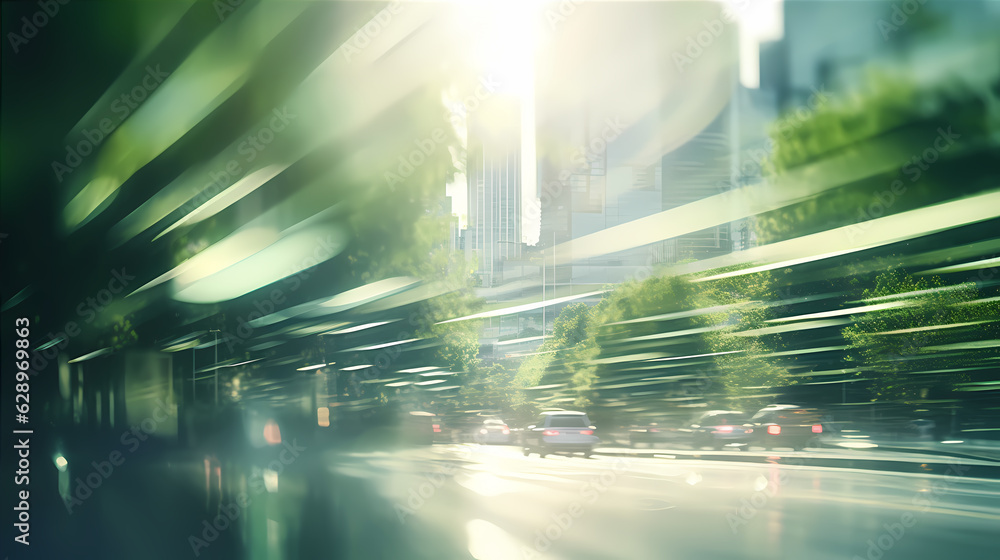 Blurred bright day in the city. Green colors. Motion of the city. Background with bokeh and summer vibe. Blurred bright day in the city. Green colors. Motion of the city. Background with bokeh and summer vibe.