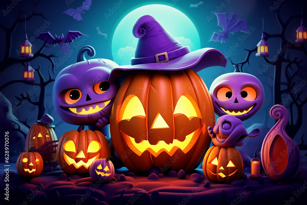 Halloween background, cartoon style, colorful, carved pumpkin with a witch hat on a purple background with bats moon and trees. High quality photo Halloween background, cartoon style, colorful, carved pumpkin with a witch hat on a purple background with bats moon and trees. High quality photo