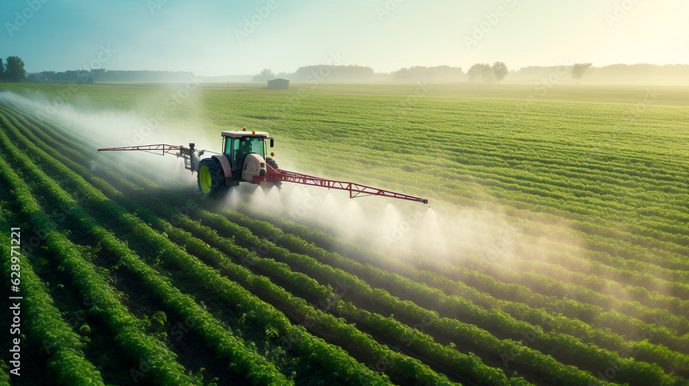 Fototapeta premium tractor with a yer spray agricultural yer spray yer in the field. Generative AI illustrator