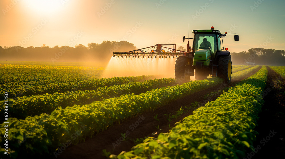 Fototapeta premium tractor with a yer spray agricultural yer spray yer in the field. Generative AI illustrator