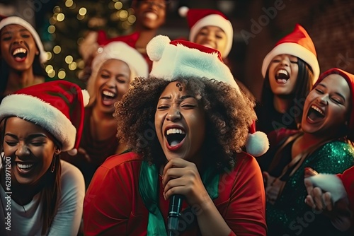 Portrait happy black womans with friend sing Christmas song in Santa hat. Close up. Xmas holiday. Generative AI.