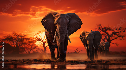 african elephant at sunset.generative ai