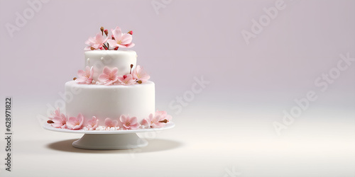Wedding cake with flowers on light background