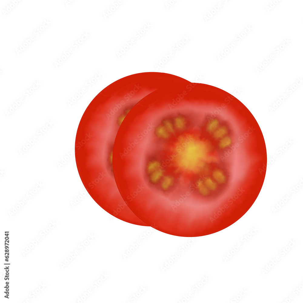 Two slices of tomatoes for breakfast on a white background Two slices of tomatoes for breakfast on a white background