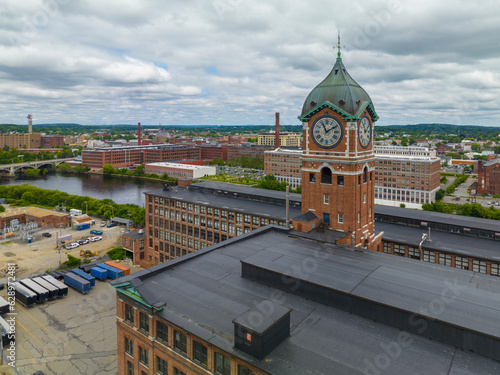 Ayer Mills aerial view by the Merrimack River in downtown Lawrence, Massachusetts MA, USA. The historic building was built in 1910 and now is abandoned.  photo