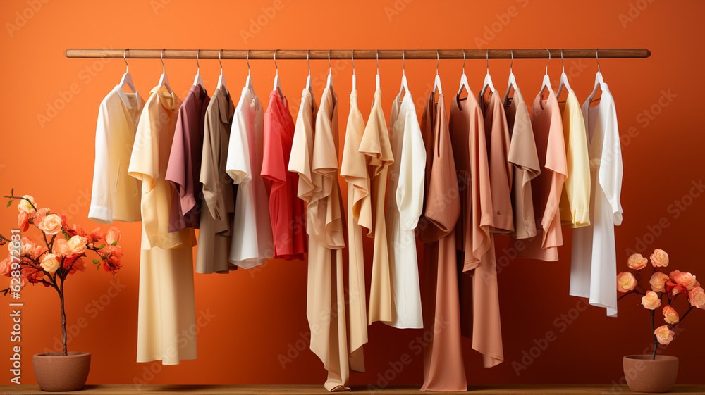 rack with modern clothes and accessories near color wall.generative ai