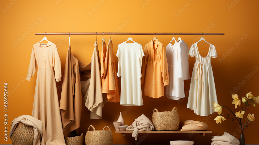 rack with modern clothes and accessories near color wall.generative ai
