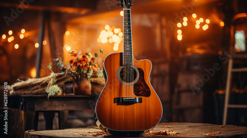 a closeup shot of a guitar with a blurred background.generative ai