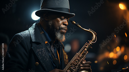 african american man playing saxophone in studio.generative ai
