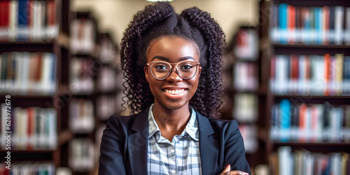 Inspiring young African scholar in glasses and school uniform, immersed in research at a university library. Generative AI