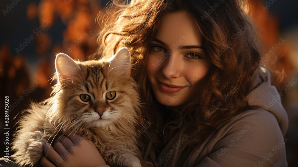 portrait of beautiful woman holding her ginger cat in hands.generative ai