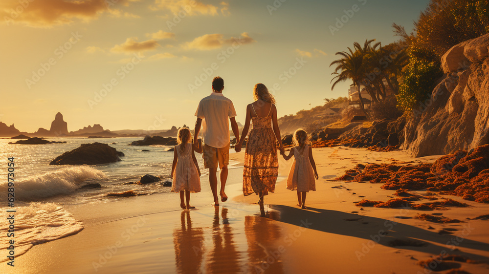family walking on the sandy beach with a little daughter.generative ai family walking on the sandy beach with a little daughter.generative ai