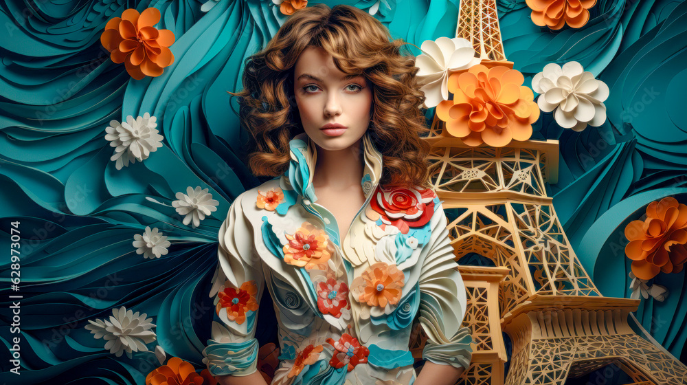 Fototapeta premium Woman in 60s Retro Style Illustration, Collage Lifestyle Digital Art Generative AI Wallpaper Cover Journal Background