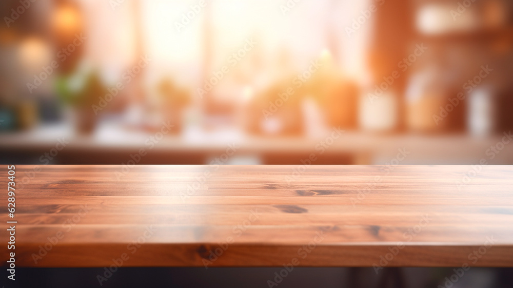wooden table top with empty blurred background, blurred of kitchen. Generative AI illustrator