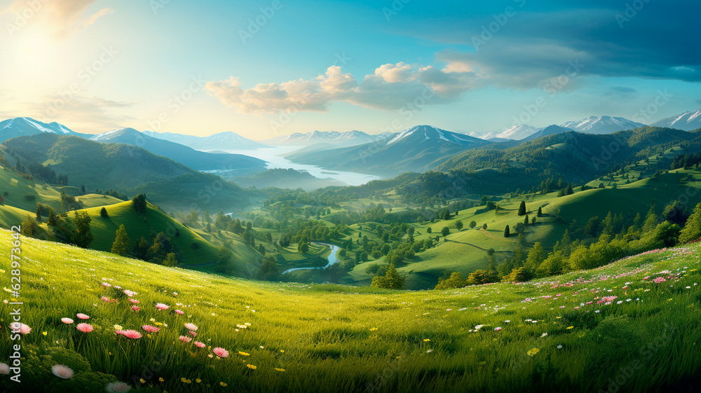 beautiful summer landscape in the mountains. Generative AI illustrator