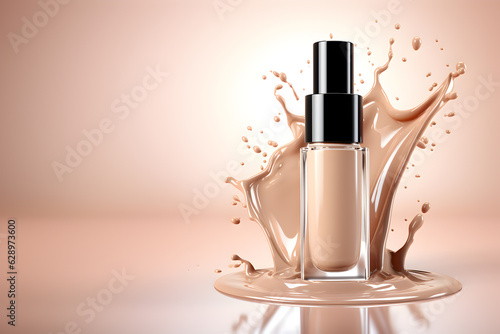 Liquid makeup foundation bottle with cosmetic cream splash. Advertising design template for catalog with concealer. Promotional commercial photo. Generated with AI 