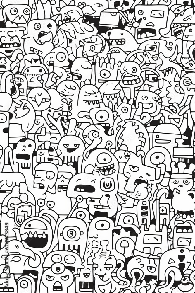 Illustration of coloring book doodle crowd cute alien monster Created with Generative AI technology. Illustration of coloring book doodle crowd cute alien monster Created with Generative AI technology.