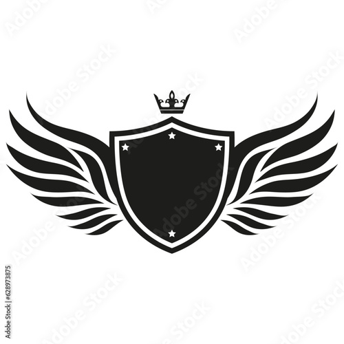 Shield logo illustration with wings and crown on a white background