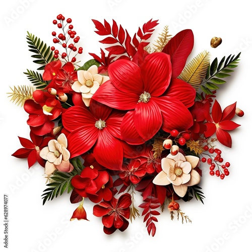 Holiday floral arrangement from red christmas flower poinsettia with red berries and mistletoe, home decoration illustration decor greeting card for Christmas and New Year Generative AI photo