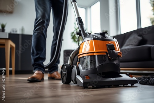 Close-Up of Janitor Using Vacuum Cleaner for Professional Carpet Cleaning Service. AI
