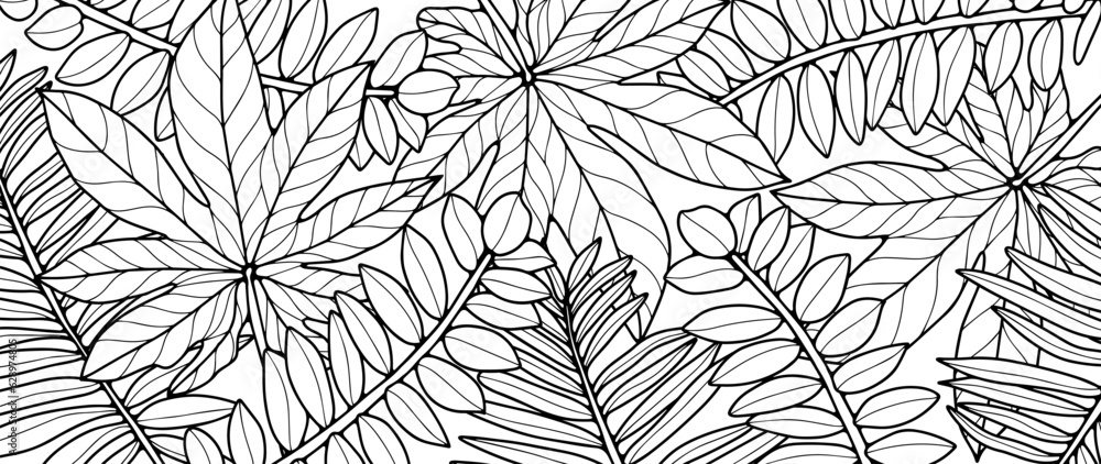 Black and white botanical background with branches and leaves. Botanical background for decor, wallpapers, covers, cards and presentations