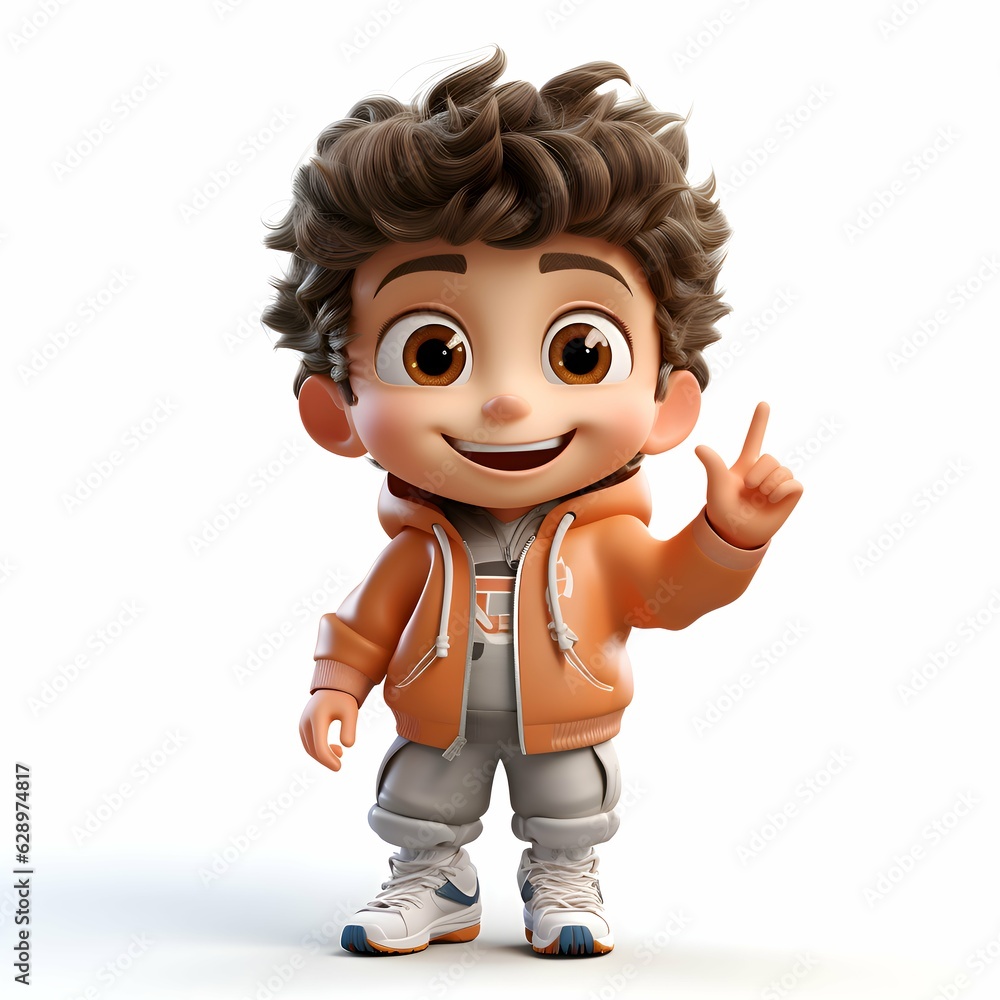 A Little boy character standing hands on full-body with orange tshirt and smile expression A Little boy character standing hands on full-body with orange tshirt and smile expression