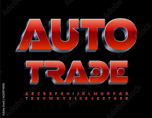 Vector modern sign Auo Trade with Isomeric Red and Metallic Font. 3D Unique Alphabet Letters and Numbers set