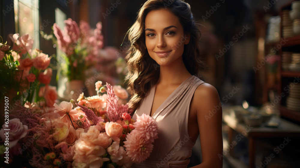 portrait of a woman with flowers in a store.generative ai