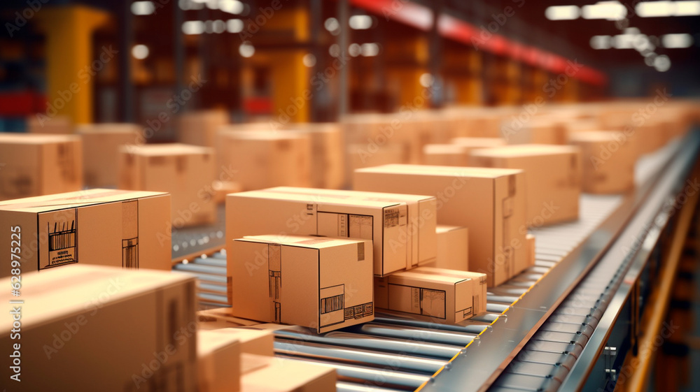 Cardboard boxes go on rails in a warehouse. Generative AI illustrator Cardboard boxes go on rails in a warehouse. Generative AI illustrator