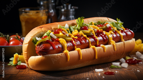 hot dog with mustard, tomato, ketchup and french fries on black background.generative ai