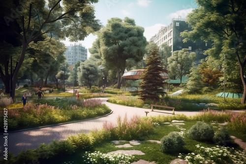 Conceptual of eco public park with clean energy in the future Created with Generative AI technology.