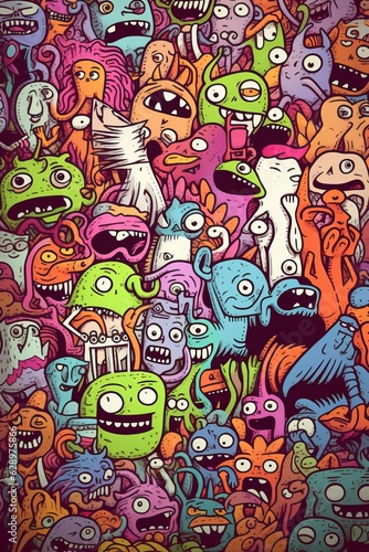Illustration of colorful doodle crowd cute alien and monster Created with Generative AI technology.