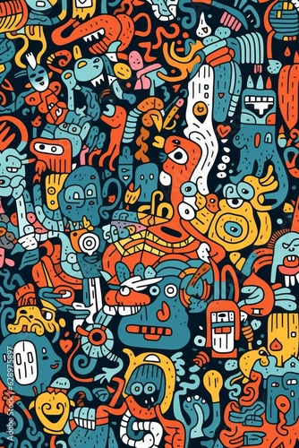 Illustration of colorful doodle crowd cute alien and monster Created with Generative AI technology.