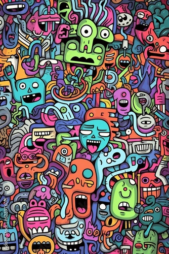 Illustration of colorful doodle crowd cute alien and monster Created with Generative AI technology. © Sakrapee Nopparat