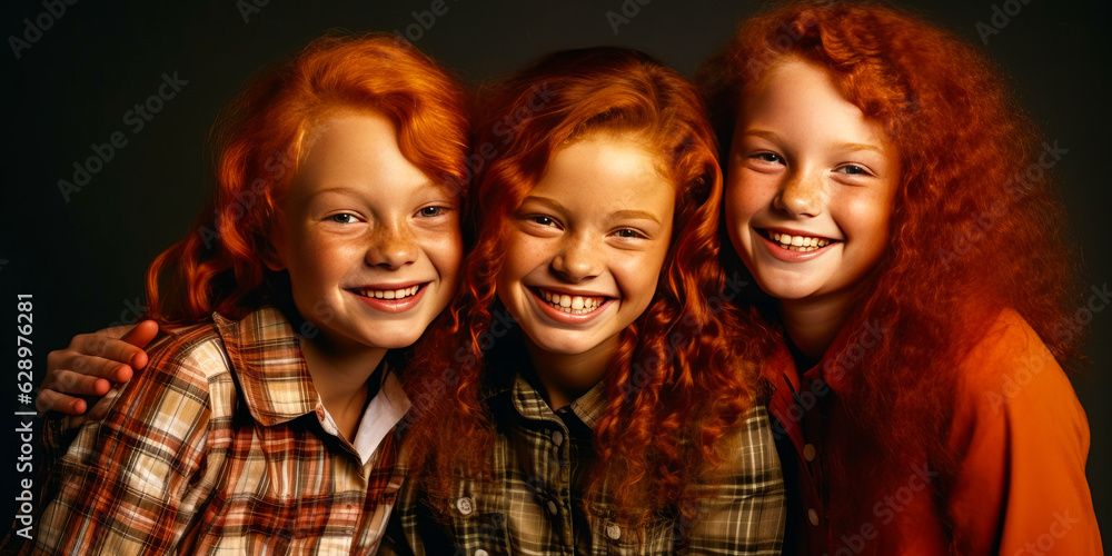 Inspiring trio of diverse, red-haired girls proudly displaying pictures of admired famous redhead figures against a deep-red backdrop. Generative AI