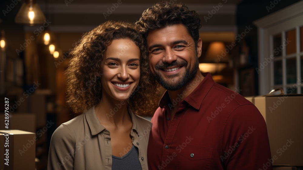 happy couple holding hands and smiling while moving boxes.generative ai happy couple holding hands and smiling while moving boxes.generative ai
