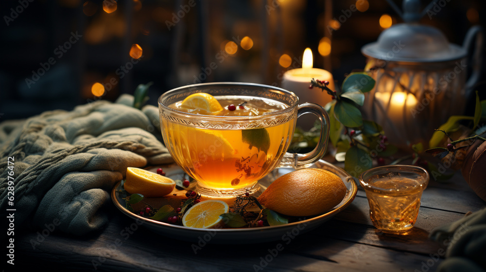 cup of tea with lemon and honey.generative ai - obrazy, fototapety, plakaty 