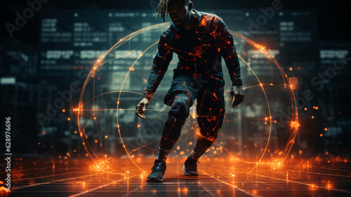 african american athlete running in neon light with glowing lights.generative ai © S...