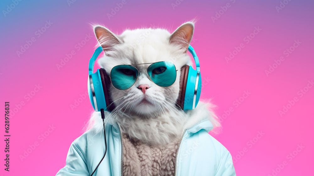cute cat in headphones. Generative AI