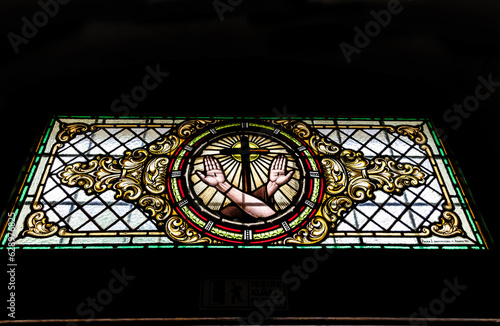 Stained glass window at the Franciscan monastery.. Sumuleu Ciuc, Romania.