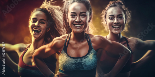 Three diverse, triumphant young women of differing fitness levels exude pride crossing the finish line against a backdrop of blurred motion. Generative AI