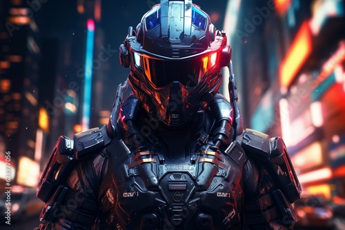 Futuristic Soldier Amidst Cyberpunk Neon City Skyline at Night. AI