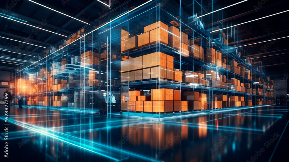 warehouse with cardboard boxes and forklift. Generative AI warehouse with cardboard boxes and forklift. Generative AI